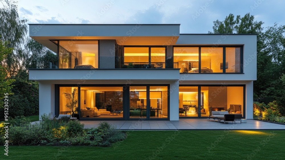 Poster a modern house with large windows, illuminated from within at dusk, offering a sleek and inviting sc