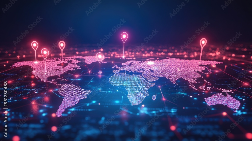 Poster a modern world map background with digital elements like gps markers, flight paths, and destination 