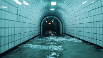 Narrow underground tunnel flooded with fast-moving water, illuminated by dim fluorescent lights....