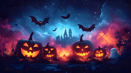 Playful Halloween Night: A colorful cartoon-style vector background with grinning pumpkins, ghosts, and flying bats on a spooky night.
