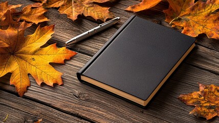 Obraz premium An elegant black notebook lies on a rustic wooden surface, surrounded by vibrant autumn leaves and a silver pen.