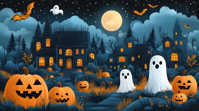 Animated Halloween Night: A colorful vector flat background with Halloween-themed elements like pumpkins, ghosts, and bats in a spooky setting.