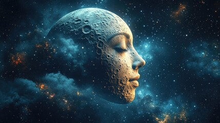 A moon face in profile, looking peacefully across a dark sky filled with stars, offering a serene and tranquil setting with space for copy.