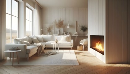 White corner sofa near fireplace. Scandinavian home interior design of modern living room