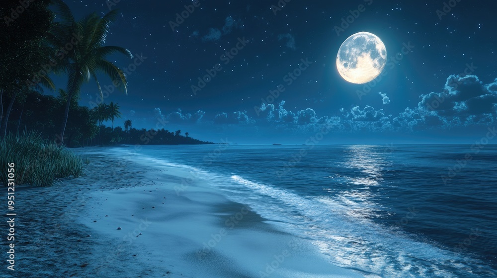 Poster a moonlit beach with calm waves gently lapping at the shore, creating a serene and peaceful atmosphe