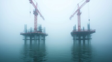 Obraz premium Two tower cranes stand at a foggy construction site, with partially built structures emerging from the water. The thick fog and calm water create a mysterious and surreal atmosphere, emphasizing the i