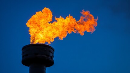 A gas flame burns brightly against a clear blue sky at an industrial oil and natural gas production plant