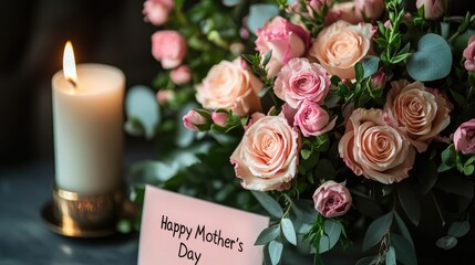 A mother's day table setting with a beautifully arranged bouquet, a "Happy Mother's Day" card, and a candle, all set against a stylish background.