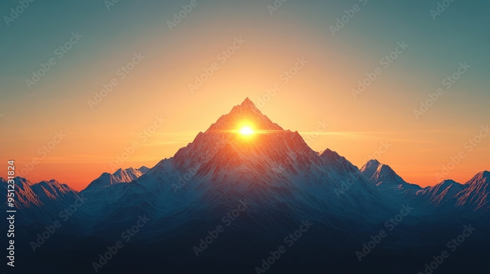 Poster a mountain outline with a sunrise behind it, creating a dynamic and uplifting image with room for co