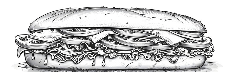 The sandwich with black and white color art on white paper in the background