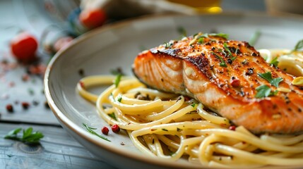 Fototapeta premium Cooked Pasta in a Bowl with Herbs and Spices: A Plate of Pasta Topped with Seasoned Salmon