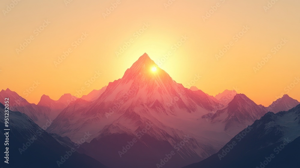 Poster a mountain outline with a sunrise behind it, creating a dynamic and uplifting image with room for co