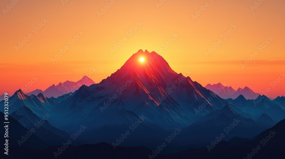 Poster a mountain outline with a sunrise behind it, creating a dynamic and uplifting image with room for co