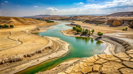 Euphrates River drought crisis environmental disaster dry landscape arid mood somber grey dusty concept water scarcity climate change impact