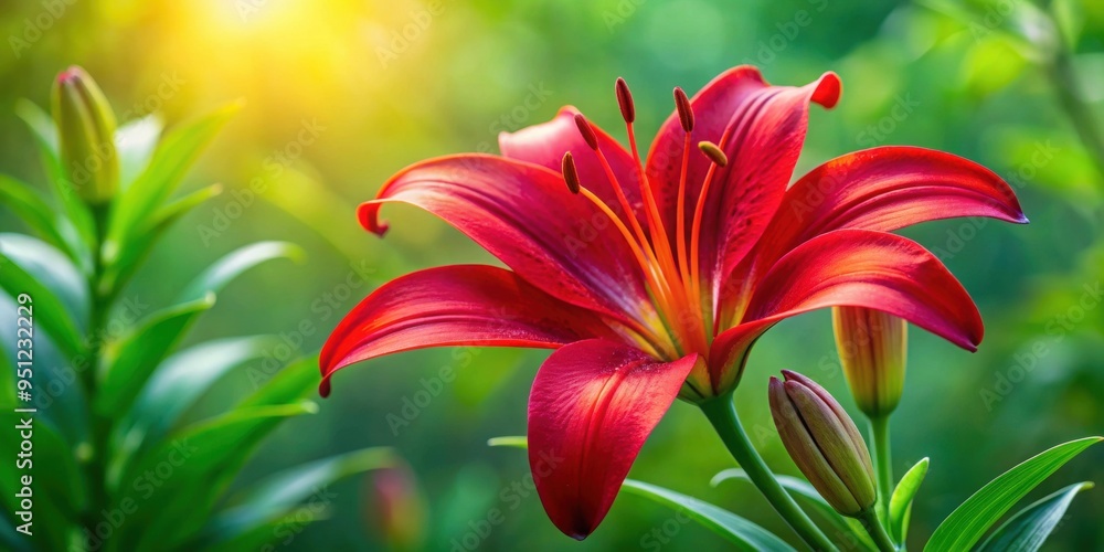 Sticker Vibrant red lily in full bloom against a lush green background, blooming, red, lily, vibrant, flower, petals, nature, plant