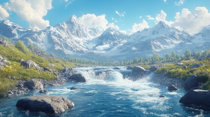 Obraz premium A mountain river rushing through a rocky canyon, surrounded by towering peaks, perfect for nature and adventure themes with space for text.