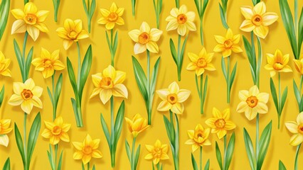 Realistically illustrated spring yellow daffodil plants on solid background seamless pattern , spring, yellow, daffodil