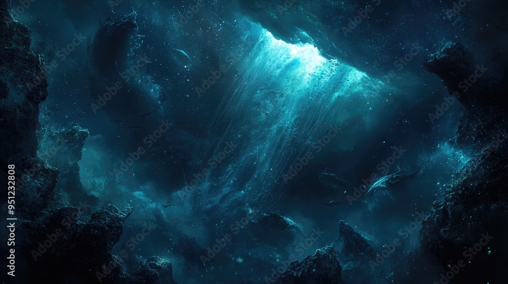 Poster a mysterious deep ocean scene with bioluminescent creatures glowing in the darkness, creating a surr