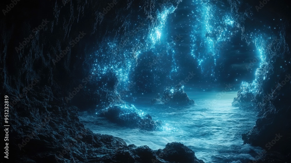 Poster a mysterious deep ocean scene with bioluminescent creatures glowing in the darkness, creating a surr