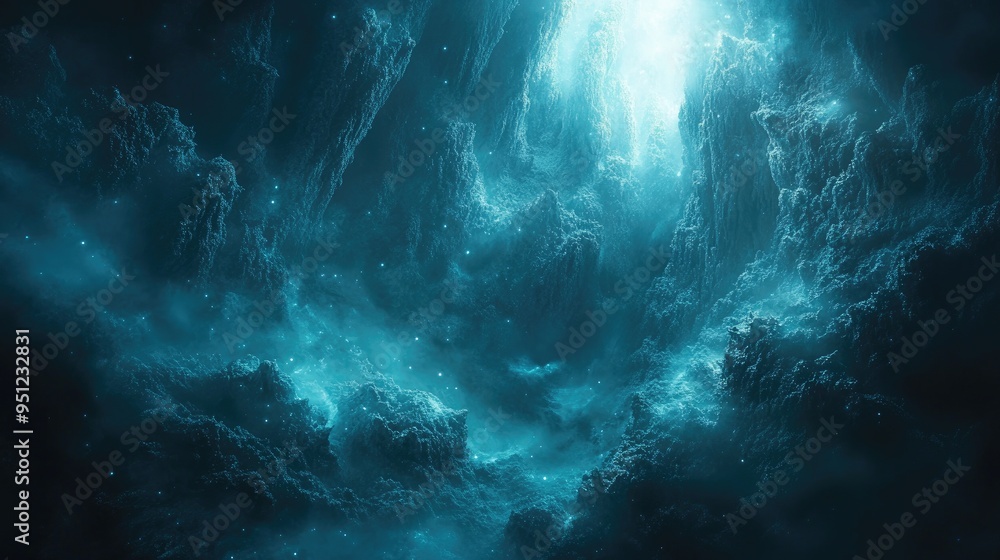 Poster a mysterious deep ocean scene with bioluminescent creatures glowing in the darkness, creating a surr