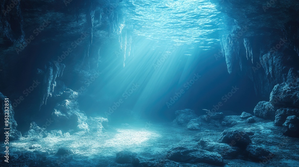 Poster a mysterious underwater cave with soft light filtering through, creating an eerie and enchanting sce
