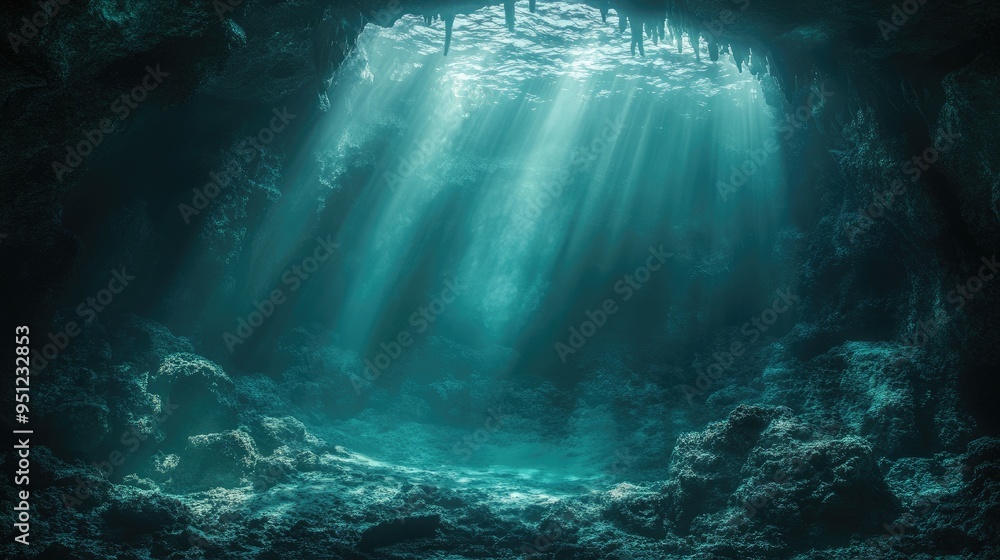 Poster a mysterious underwater cave with soft light filtering through, creating an eerie and enchanting sce