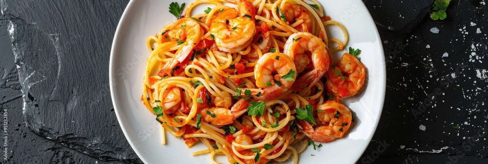 Wall mural Shrimp spaghetti presented on a white porcelain plate atop a dark stone surface.