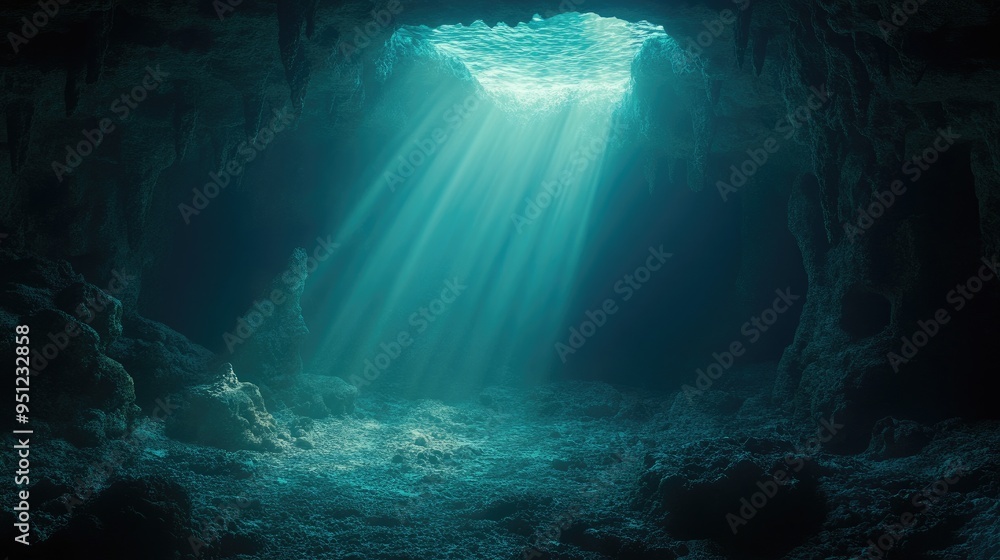 Poster a mysterious underwater cave with soft light filtering through, creating an eerie and enchanting sce