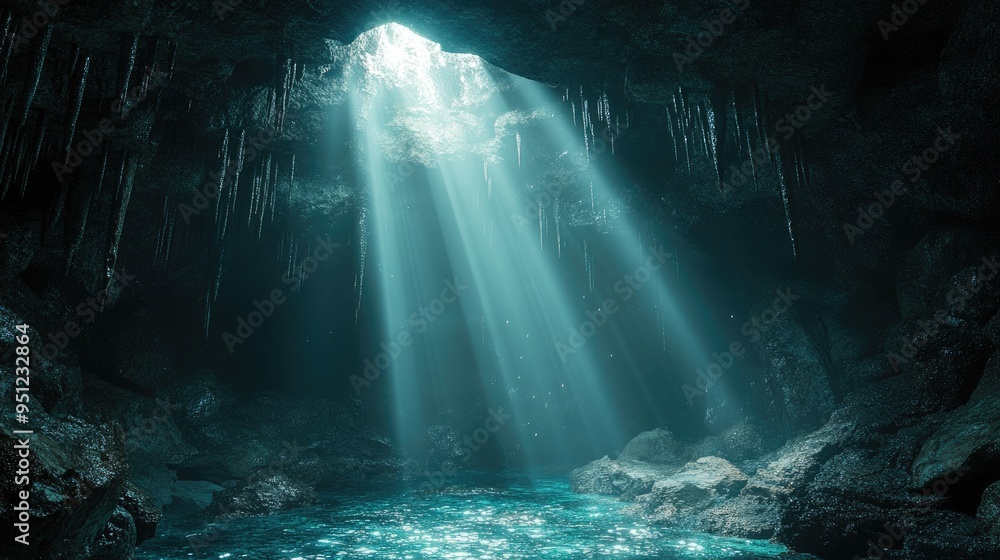 Poster a mysterious underwater cave with soft light filtering through, creating an eerie and enchanting sce