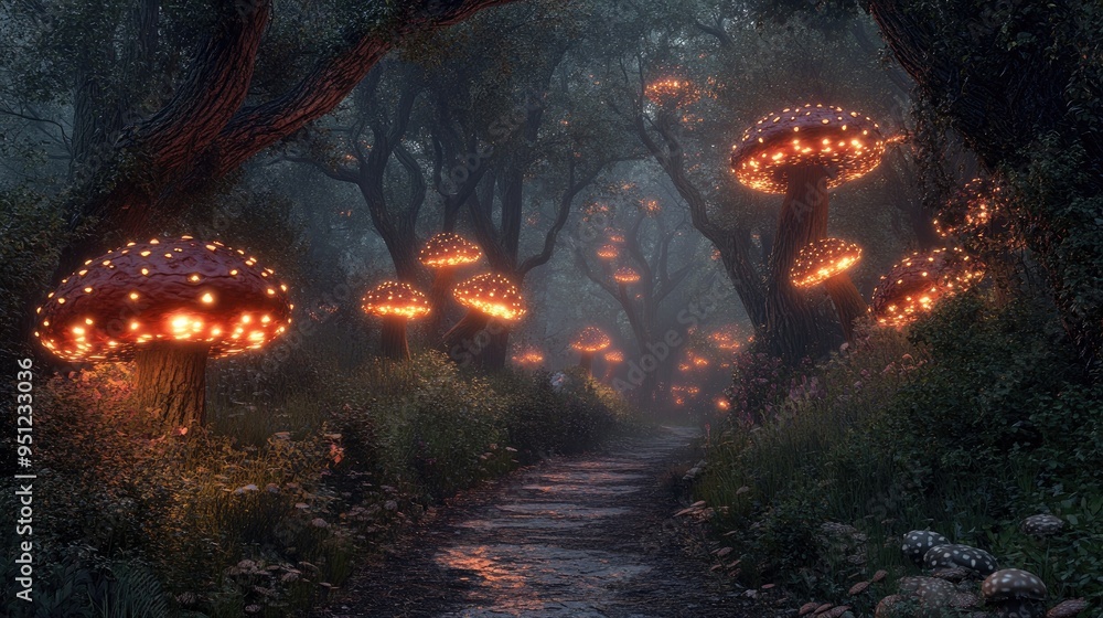 Poster a mystical forest at twilight, with glowing mushrooms and a path lined with ancient trees leading in