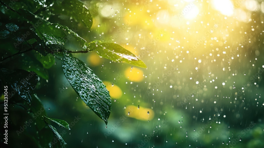 Poster a nature scene with a rain overlay on the lens, blurring the edges and adding texture to a forest or