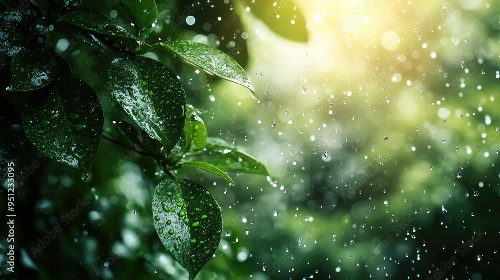 Poster a nature scene with a rain overlay on the lens, blurring the edges and adding texture to a forest or