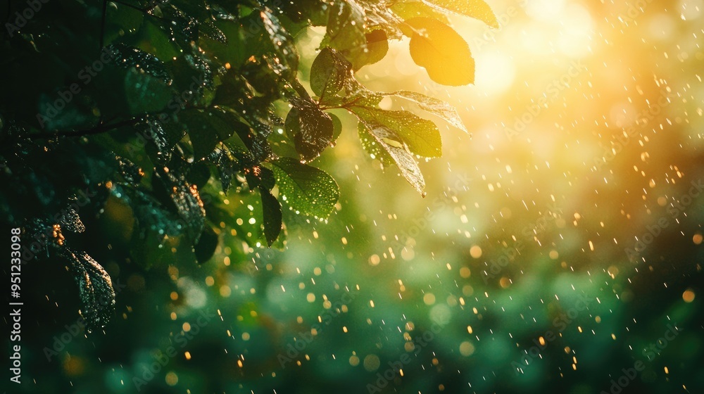 Poster a nature scene with a rain overlay on the lens, blurring the edges and adding texture to a forest or