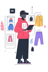 Character Holding Tablet Displaying Fashion Store Interface and Surrounded by Clothes
