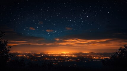 Fototapeta premium A night sky with clouds reflecting the distant lights of a city, creating a soft, glowing effect in the dark sky.