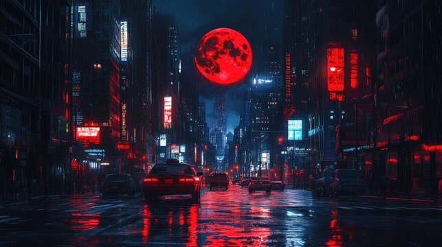 A nighttime city street scene with the red moon prominently visible in the sky, creating a striking contrast with the urban environment and ample copy space.