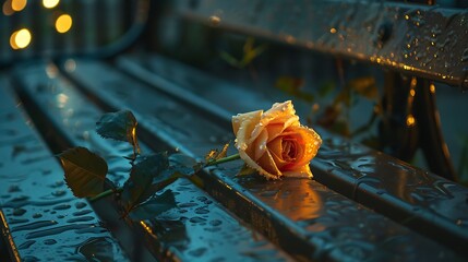 A lonely collapse flower glows with moisture on a patio seat
