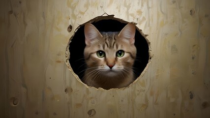 Funny cat in wallpaper hole with claw scratches isolated