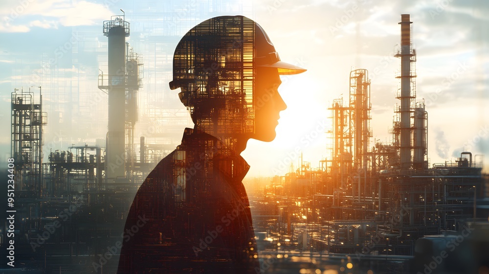 Poster a man in a hard hat stands in front of a building with a blurry background. concept of industrial wo