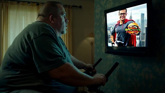 A man sits on a stationary bike, intently playing two gaming controllers as he watches a superhero on TV. The warm lighting and vintage wallpaper create a cozy atmosphere in the high-rise room, where 