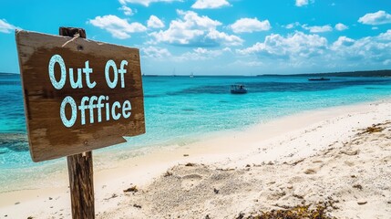 A "Out Of Office" note with a backdrop of a sandy beach and clear blue water, highlighting time away from work. Clear space for copy.
