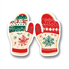 Festive Mittens Sticker with Whimsical Holiday Patterns and Snowflakes on White Background