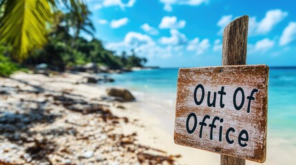 A "Out Of Office" notification with a tropical beach backdrop, highlighting relaxation and temporary work absence. Ample space for text.