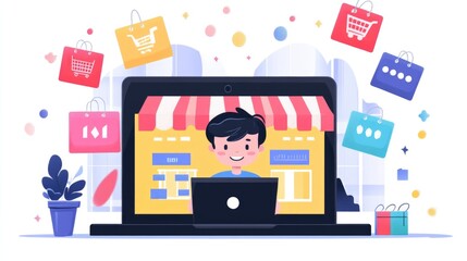 Fototapeta premium Smiling Character Using Laptop with Digital Shopping Mall Interface