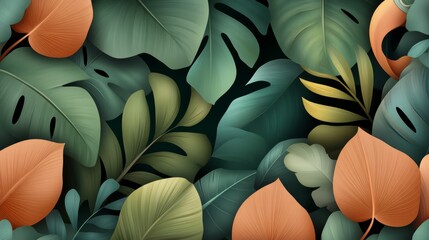 Tropical Leaves Pattern Seamless Background Green Orange Nature Wallpaper