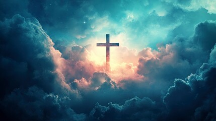 Fototapeta premium Abstract wallpaper of a Cross in heavenly, ethereal clouds. Cross background symbolizing prayer, heaven, or spirituality.
