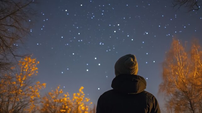 Starry Night Sky and Person Silhouette in Autumn Landscape