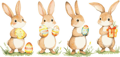 A charming watercolor illustration featuring a cute bunny surrounded by colorful eggs and festive presents, perfect for celebrating the joy and spirit of Easter.