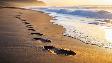 Serene Morning at Ocean Beach: Footprints in Soft Sand and Gentle Waves 1