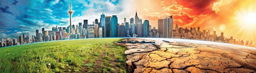 Fototapeta premium A striking contrast between a vibrant green landscape and a dry, cracked earth, showcasing the impact of climate change on communities.